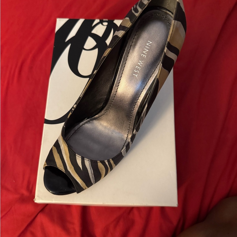 Nine West Black and Tan Zebra Peep Toe Heels